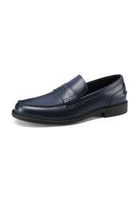 Mocassini in pelle blu navy con finitura liscia, caratterizzati da un design cucito e un pannello frontale sollevato. Suola in gomma, stile minimalista.