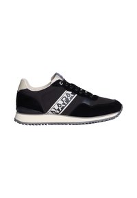 Zapatillas negras con una mezcla de materiales de gamuza y textil, con un logo blanco prominente y una suela de goma gris. Diseño clásico con cordones.