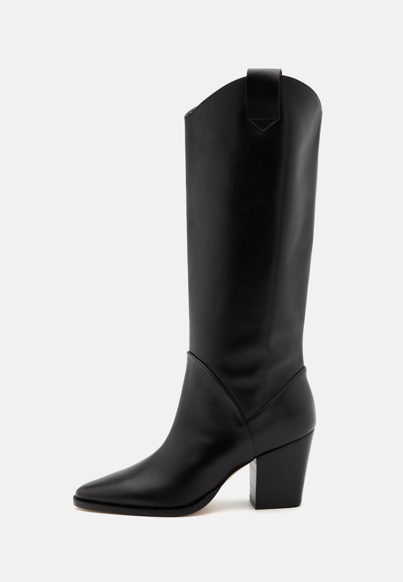 Black leather ankle boot with pointed toe, a smooth texture, high shaft, and a block heel. Features a cut-out detail at the top.