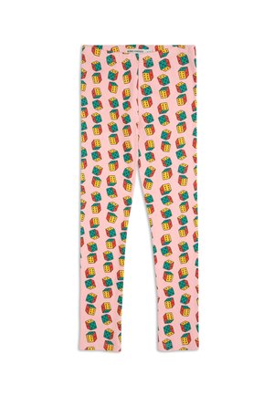 Leggings aus einem weichen, dehnbaren Stoff mit einem pinken Hintergrund und einem bunten Muster von 3D-Würfeln in grünen, roten und gelben Farbtönen.