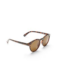 Lunettes de soleil en écaille de tortue avec des verres ronds marron et des branches fines, dotées d'une monture en plastique glossy et de motifs d'accent subtils.