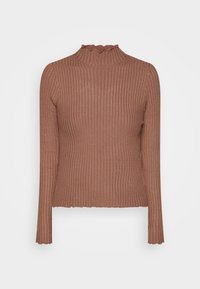 Top marrone a maniche lunghe con righe e colletto arruffato alto. Presenta una silhouette aderente e un orlo leggermente accorciato. Tessuto morbido e strutturato.