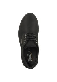 Scarpa in pelle nera con punta rotonda, design con lacci e cuciture a contrasto. Presenta un logo sulla soletta e una texture liscia.