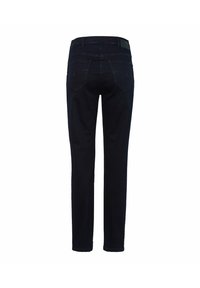 Donkerblauwe denim jeans met een recht model, voorzien van twee achterzakken en een tailleband zonder zichtbare hardware. Soepele textuur.