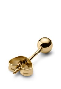 Guldfarvet metal accessory med en sfærisk top og en hjerteformet bund. Glat overflade med reflekterende finish. Lang lige stang.