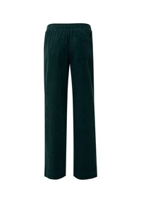 Pantalon large en velours côtelé vert foncé avec une taille élastique et une poche plaquée à l'arrière côté droit.