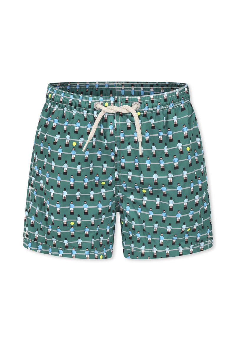 Pantaloni da bagno verdi con un vivace motivo ripetuto di piccole figure in camicie blu e pantaloni bianchi, con accenti gialli e bianchi.