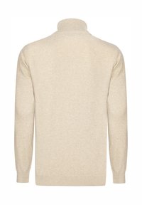 Lichtbeige gebreide trui met een hoge geribbelde kraag, lange mouwen en geribbelde manchetten en zoom. Glad textuur zonder zichtbare patronen.