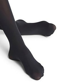 Black sheer tights with a smooth, matte texture, covering the legs down to the toes. The fabric appears lightweight and form-fitting.
