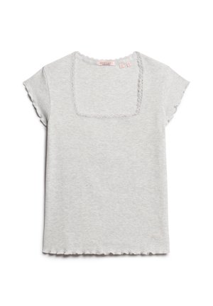 Lichtgrijs T-shirt met korte mouwen, een vierkante halslijn, geribbelde textuur en geschulpte zoom. Zachte stof met een eenvoudig, strak ontwerp.