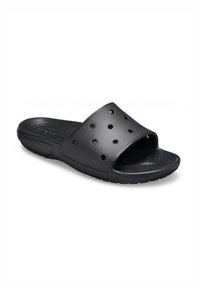 Sandali neri slip-on realizzati in gomma opaca, con una larga fascia dotata di fori circolari di ventilazione, soletta testurizzata e suola decorata.