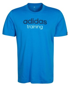 T-shirt d'entraînement bleu Adidas à manches courtes avec le logo texte Adidas en noir et blanc centré sur la poitrine.