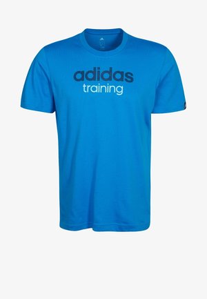 Blauw Adidas trainings-T-shirt met korte mouwen en zwart-witte Adidas-logo tekst in het midden van de borst.