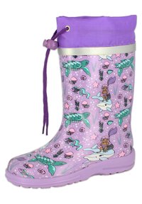 Botte de pluie violette avec une surface texturée et brillante. Présente une fermeture à cordon, ornée de motifs marins, y compris des tortues et des méduses.