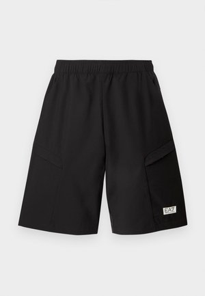 Mustad põlvepikkused lühikesed püksid elastse vöökohaga, külgedel taskud ja vasakul jalal väike EA7 Emporio Armani logo.