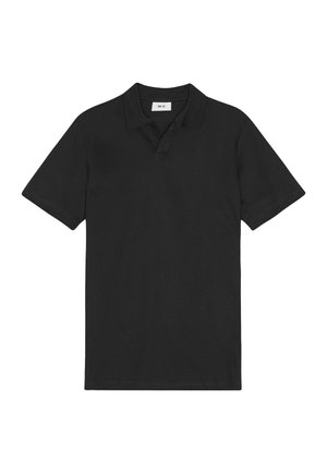 Black cotton polo shirt with a flat collar, short sleeves, and a straight hem. No patterns or embellishments. Simple and classic design.