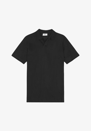 Sort bomulds polo-shirt med flad krave, korte ærmer og lige kant. Ingen mønstre eller dekorationer. Enkel og klassisk design.