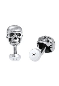 Silver skull cufflinks with a polished finish, featuring detailed facial features and a round base with engraved logo.