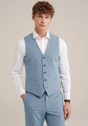 Light blue waistcoat with a textured pattern, featuring a notched collar, brown buttons, and a single chest pocket. Paired with a white shirt.