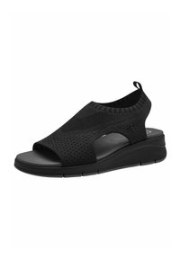 Sandale negre cu vârful deschis, cu un upper tricotat elastic, design perforat și o talpă captusită cu un ușor toc pentru înălțime suplimentară.