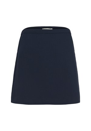 Fustă A-line de culoare albastru închis, cu textură netedă, talie bine ajustată și fără modele sau accente vizibile.