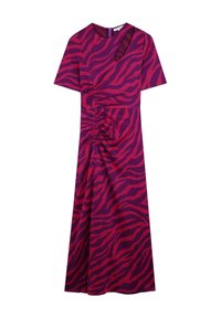 Paarse jurk met rood dierenprint, korte mouwen, een ronde hals en een uitsnijdetail. Heeft een geraffineerde zijkant voor een getailleerd figuur.