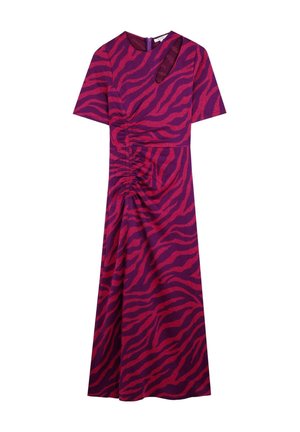 Purple dress with red animal print, short sleeves, a round neck, and a cutout detail. Features gathered side for a fitted silhouette.