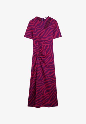 Paarse jurk met rood dierenprint, korte mouwen, een ronde hals en een uitsnijdetail. Heeft een geraffineerde zijkant voor een getailleerd figuur.