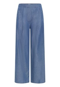 Lichte blauwe wijde spijkerbroek met een gladde textuur, voorzien van een rekbare tailleband en voorplooien voor extra detail.