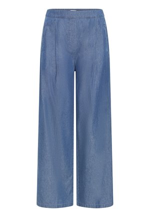 Pantalon en denim à jambes larges de couleur bleu clair avec une texture lisse, doté d'une taille élastique et de plis sur le devant pour un détail supplémentaire.
