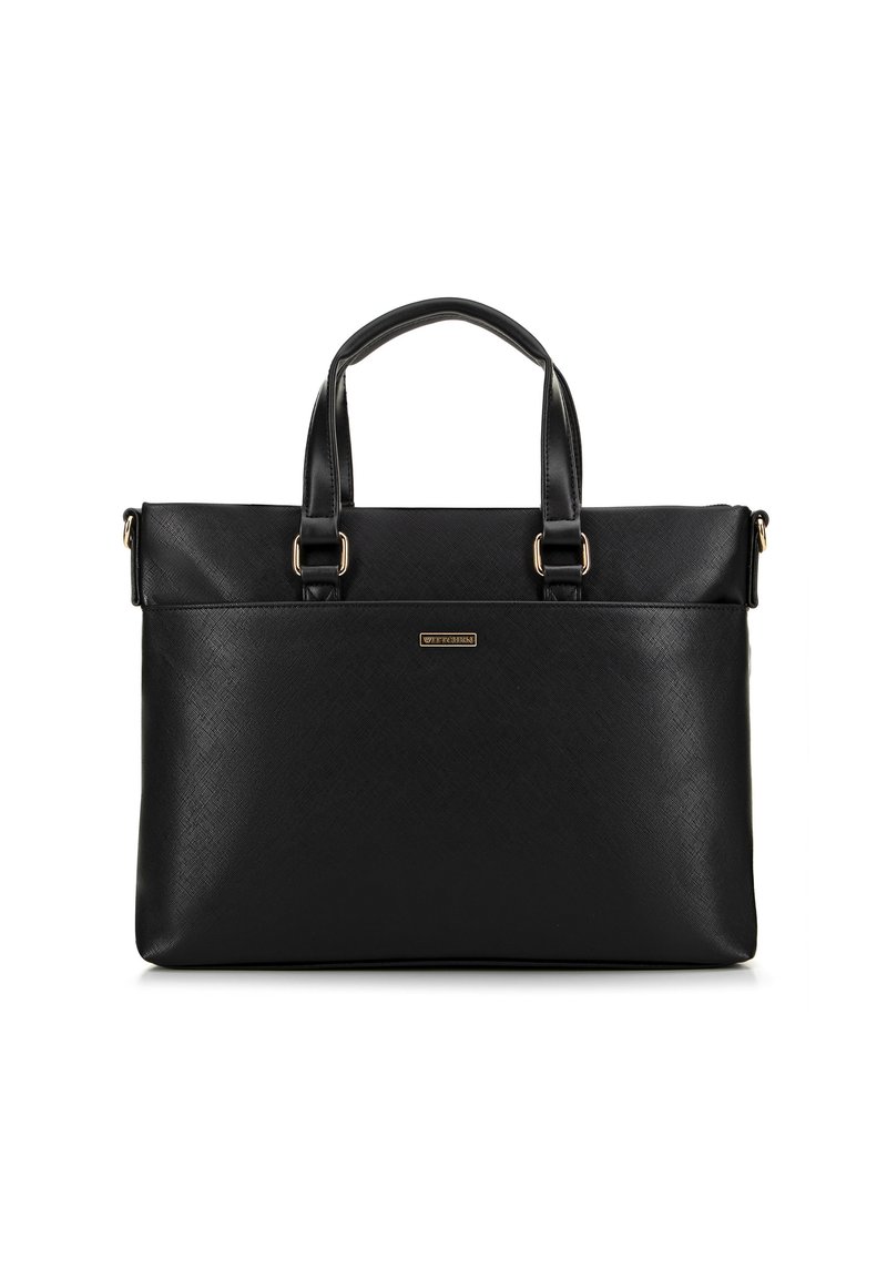 Schwarze Leder-Laptoptasche mit zwei oberen Griffen, rechteckiger Form, strukturiertem Finish und Beschlägen aus goldfarbenem Metall.