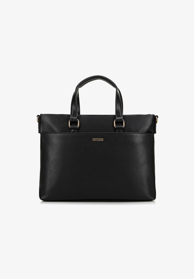 Schwarze Leder-Laptoptasche mit zwei oberen Griffen, rechteckiger Form, strukturiertem Finish und Beschlägen aus goldfarbenem Metall.