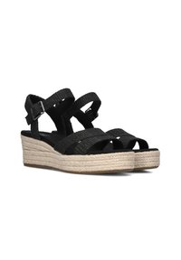 Zwarte espadrille wedge sandalen met geweven stoffen bandjes, verstelbare gespen en een gestructureerde jute zool. Casuele ontwerp met een plateauhoogte.