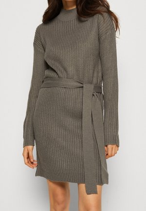 Gestricktes langärmliges Taupe-Kleid mit hohem Kragen und passendem Gürtel, der in der Taille gebunden ist, getragen von einer Person mit offenem Haar.