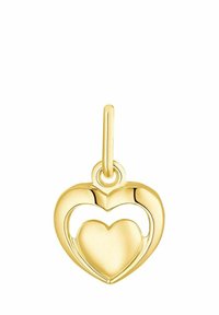 Ciondolo a forma di cuore in oro con due cuori interconnessi, superficie liscia e un anello per il fissaggio. Finitura pulita e lucida.
