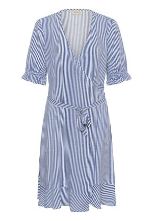 Sinised ja valged vertikaaltriibulised põlveni ulatuvad mähkmekleidid lühikeste paistetavate varrukatega ja vööga, mis on vöökohal seotud.