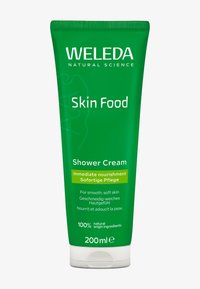 Weleda Krem pod Prysznic Skin Food, zielona tuba, 200ml, biały tekst, wyr�óżnia "100% składników pochodzenia naturalnego" i "Natychmiastowe nawilżenie."