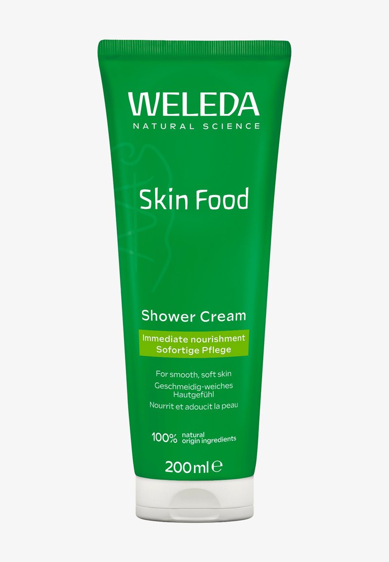 Weleda Krem pod Prysznic Skin Food, zielona tuba, 200ml, biały tekst, wyróżnia "100% składników pochodzenia naturalnego" i "Natychmiastowe nawilżenie."