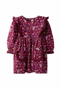 Detské dlhé rukávy vínovej šaty s kvetinovou a vílou potlačou, volánikovými ozdobami na pleciach a vreckami, a elastickými manžetami.