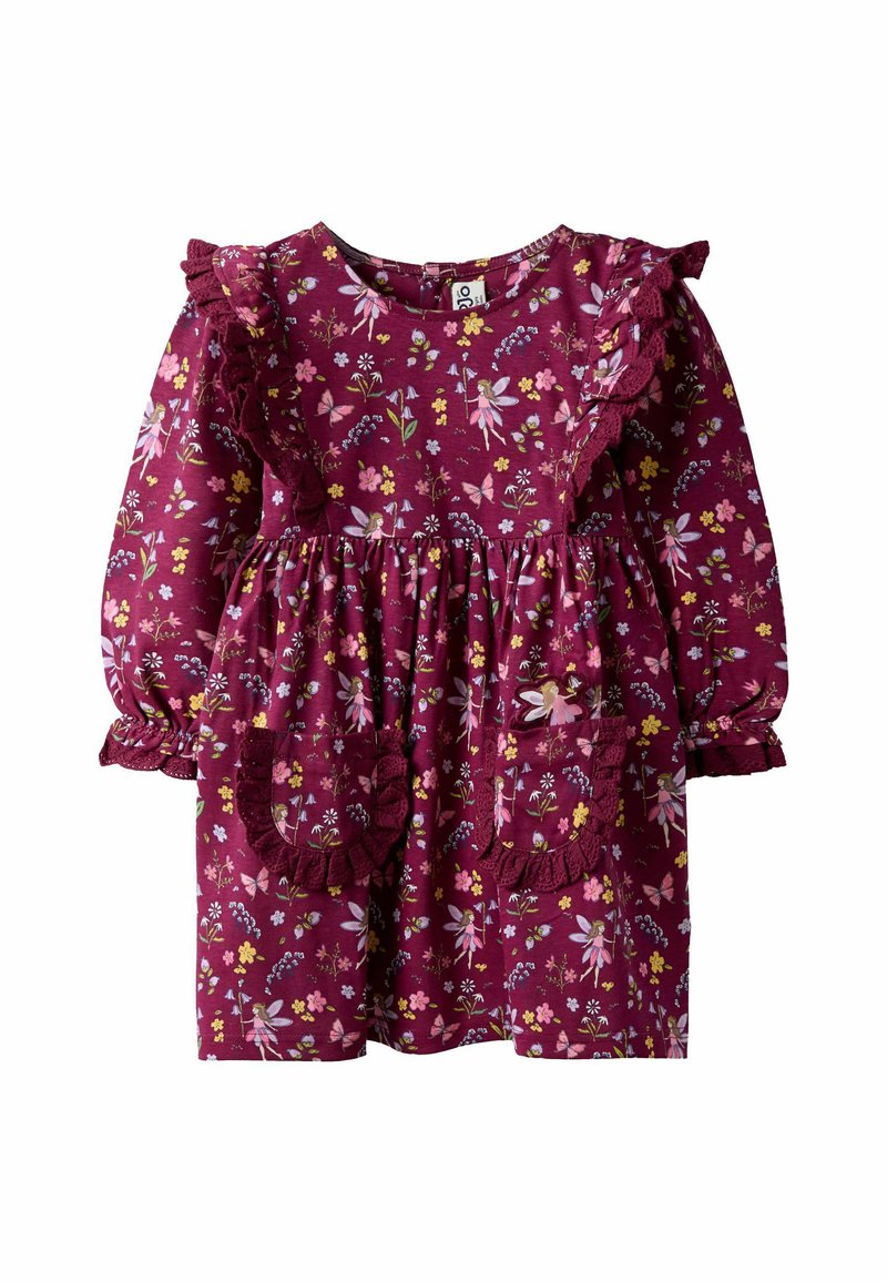 Detské dlhé rukávy vínovej šaty s kvetinovou a vílou potlačou, volánikovými ozdobami na pleciach a vreckami, a elastickými manžetami.