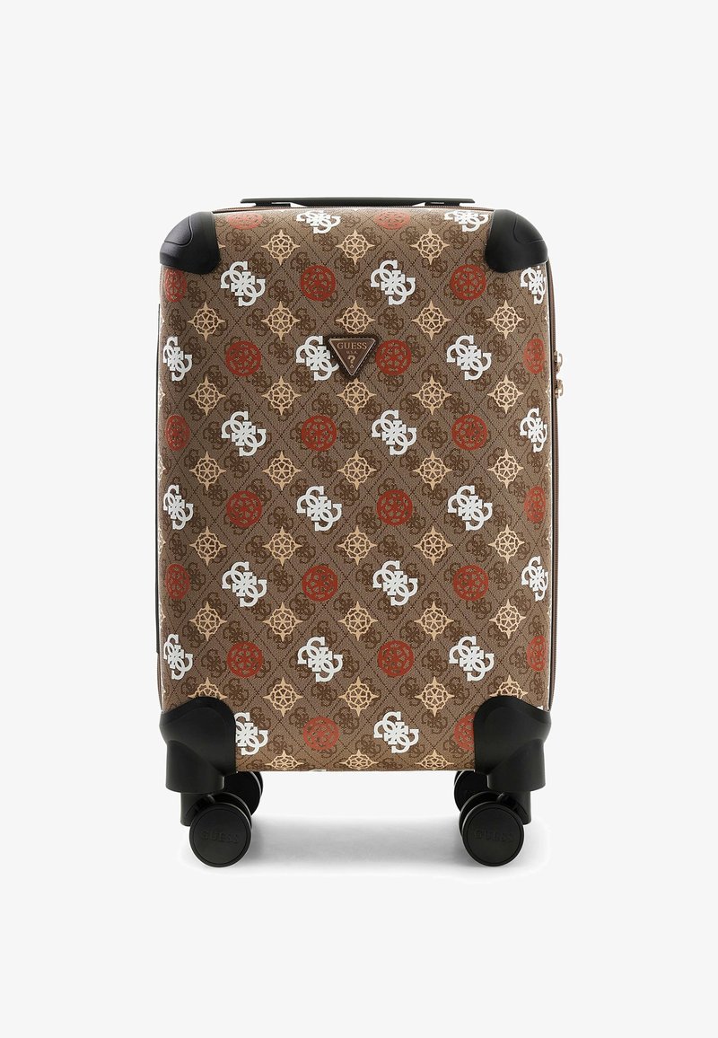 Valise rigide avec un extérieur à motifs marron, ornée de motifs décoratifs en blanc, rouge et or. Quatre roues noires et une poignée supérieure.