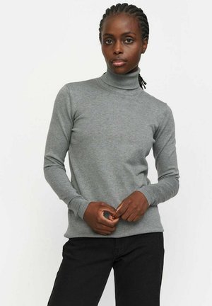 Gray turtleneck sweater made of soft fabric, featuring long sleeves and ribbed cuffs, displayed against a neutral background.