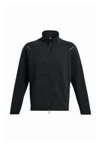 Černá zipová bunda s vysokým límcem, vyrobená z hladkého materiálu, s jasnějšími ramenními akcenty a dvěma bočními kapsami.