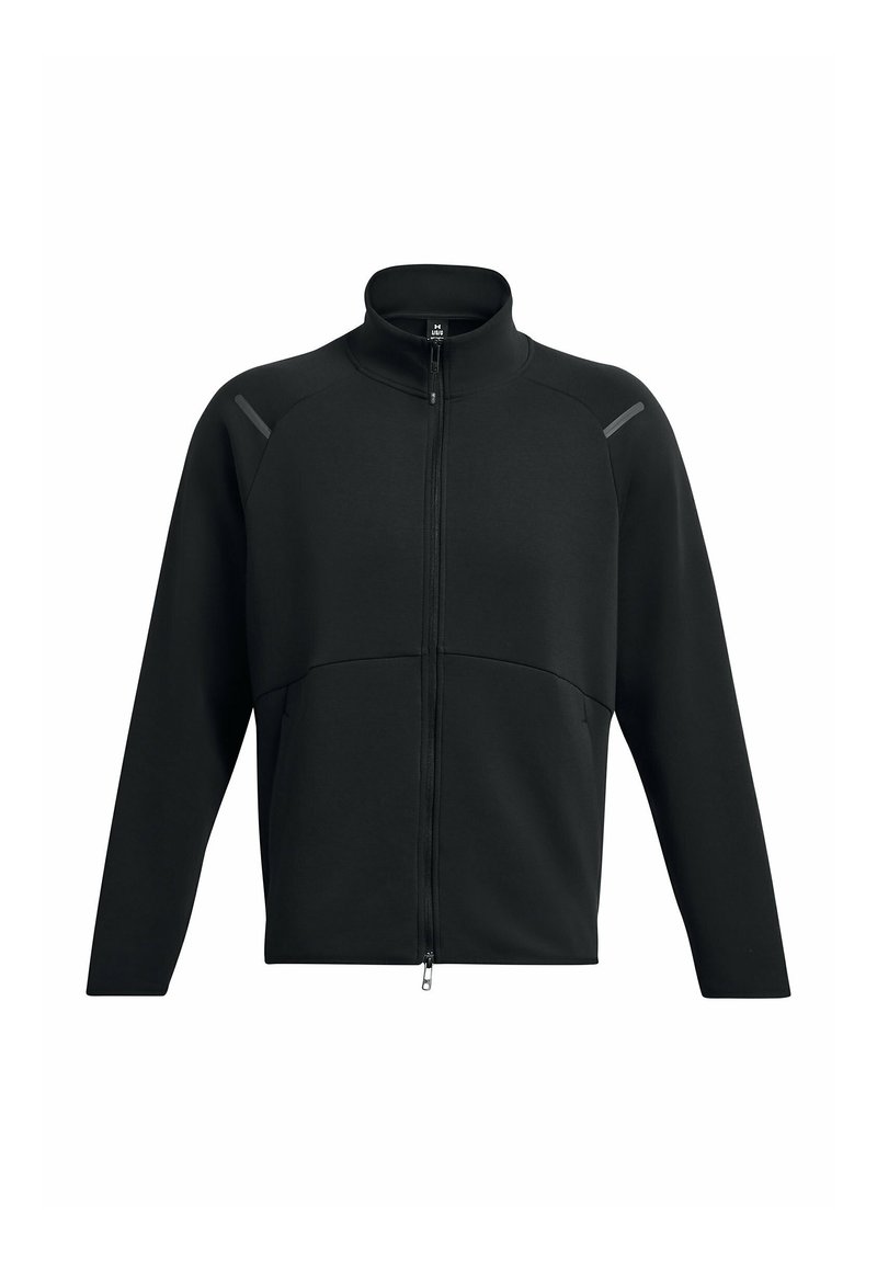 Svart zip-up jacka med hög krage, med slätt tyg, ljusare axelpartier och två sidofickor.