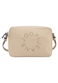 Beige Umhängetasche aus strukturiertem Synthetikmaterial. Mit durchbrochenem Logo-Design auf der Vorderseite und einem verstellbaren Trageriemen.