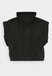 Svart ärmlös väst med hög krage, tillverkad av texturerat tyg. Har volangdetaljer på axlarna och en logo framtill.