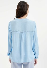 Blusa azzurro chiaro a maniche lunghe in un tessuto testurizzato con piccoli motivi a pois, con una schiena arricciata rifinita in pizzo e maniche a polsino.