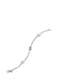 Bracelet en argent composé d'une chaîne délicate avec trois éléments distincts en forme de perles, finitions lisses et texturées, et fermeture à fermoir mousqueton.