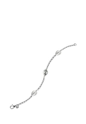 Bracelet en argent composé d'une chaîne délicate avec trois éléments distincts en forme de perles, finitions lisses et texturées, et fermeture à fermoir mousqueton.