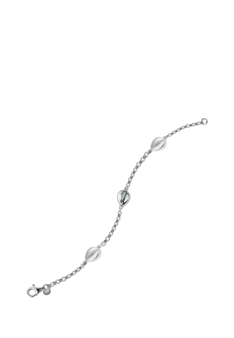 Bracelet en argent composé d'une chaîne délicate avec trois éléments distincts en forme de perles, finitions lisses et texturées, et fermeture à fermoir mousqueton.